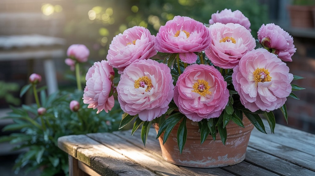 Close-up of vibrant peony flowers growing in a decorative planter, showing how peonies can thrive in pots.