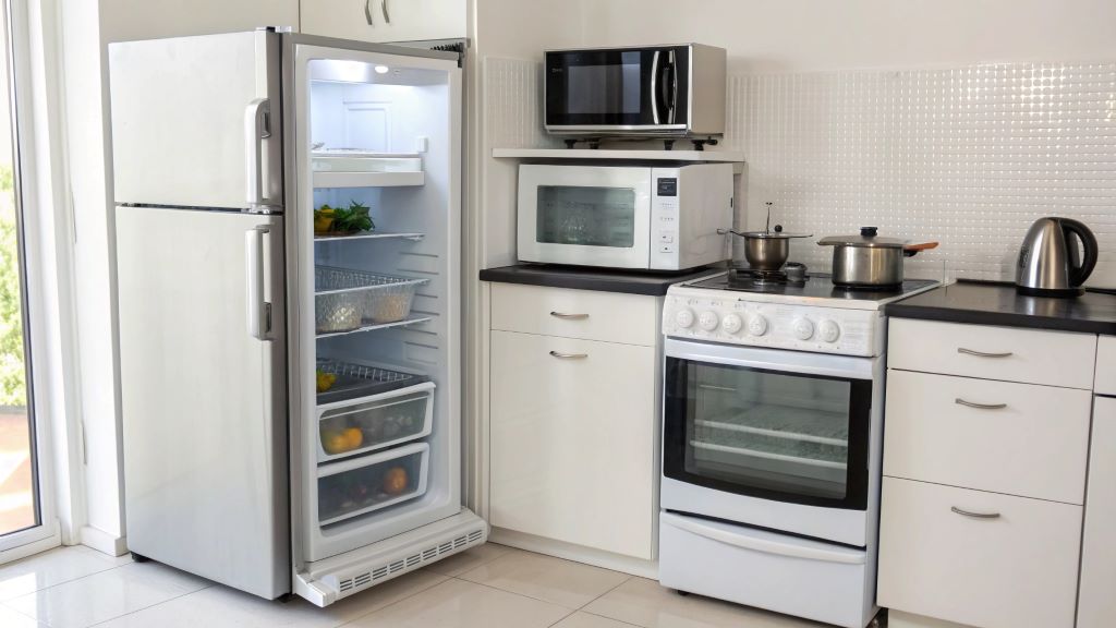 Illustration of 7 simple hacks to maintain kitchen appliances running smoothly, showing clean refrigerator, microwave, and oven with maintenance tips