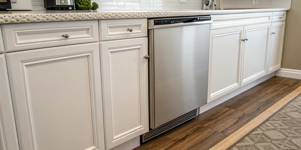 Kitchen dishwasher installed next to cabinets with a small gap, showing methods to hide or fill the space for a seamless finish.