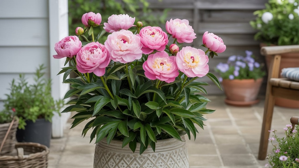Pink peonies blooming in a large ceramic pot on a sunny patio, illustrating container gardening