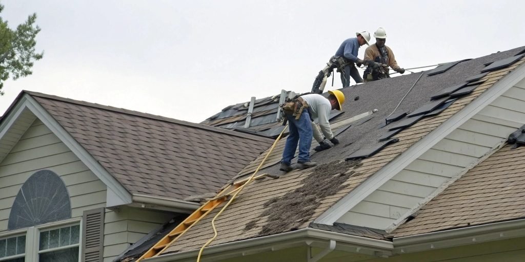 Roof repair specialists inspecting shingles to fix a small leak and prevent costly water damage.