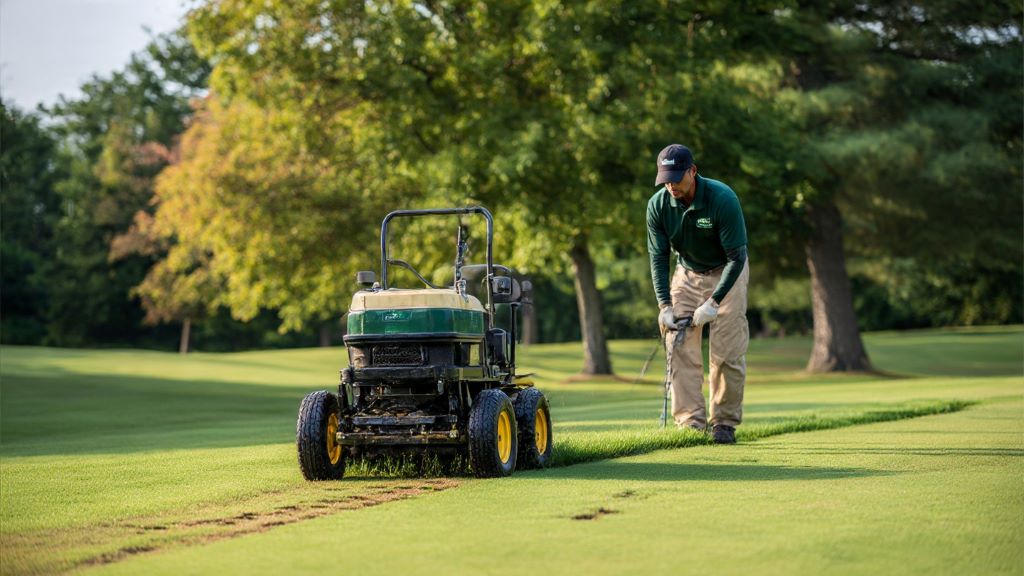 Lawn technician aerating grass to treat water repellent soil with core aeration machine creating holes