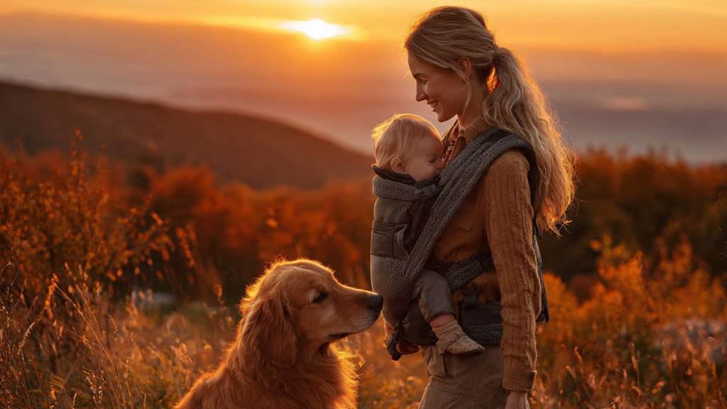 Happy mom wearing baby in ergonomic carrier while walking golden retriever at sunset