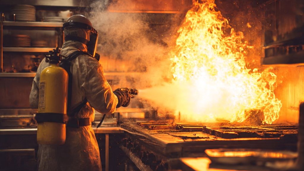 1. Commercial kitchen hood with automatic fire suppression system nozzles installed above cooking equipment