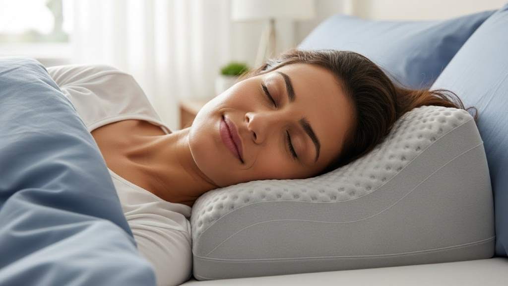 Woman sleeping peacefully on adjustable memory foam pillow with perfect neck alignment