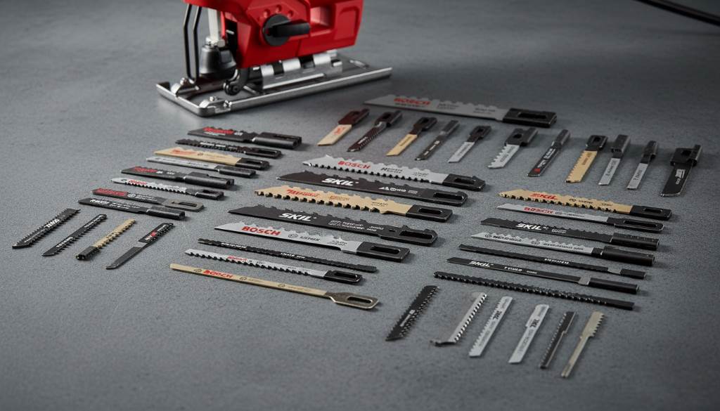 Collection of different jigsaw blades for wood, metal, and scrolling cuts arranged neatly