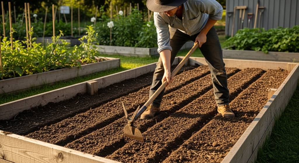 Person demonstrating proper technique with a Warren hoe creating seed furrows in raised beds