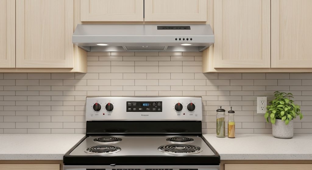 Ductless recirculating range hood with charcoal filters mounted under kitchen cabinet above electric stove for apartment cooking