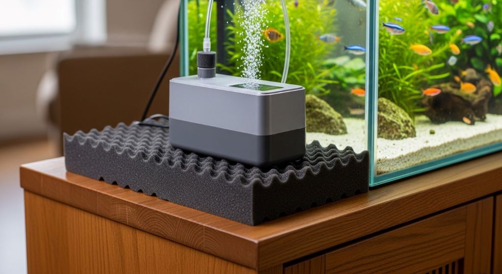 Silent fish tank aerator positioned away from hard surfaces with soundproofing foam padding underneath