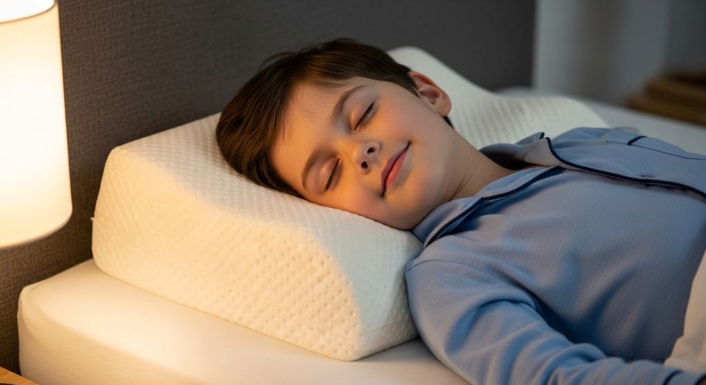Child sleeping comfortably on memory foam pillow with proper neck support