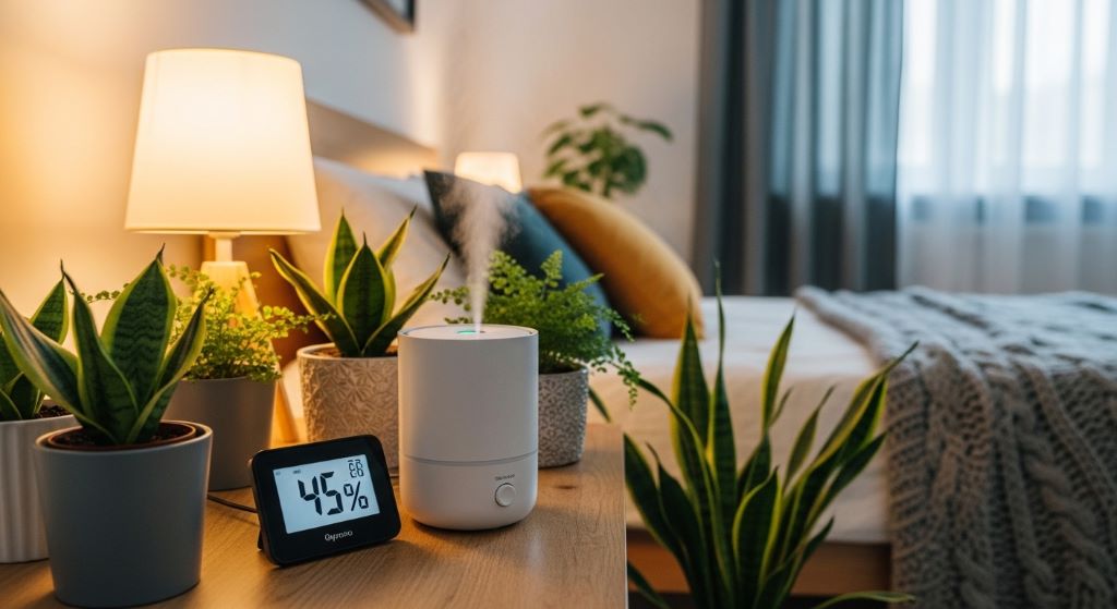 Digital hygrometer displaying optimal humidity level of 45 percent next to ultrasonic humidifier in cozy bedroom setting with plants