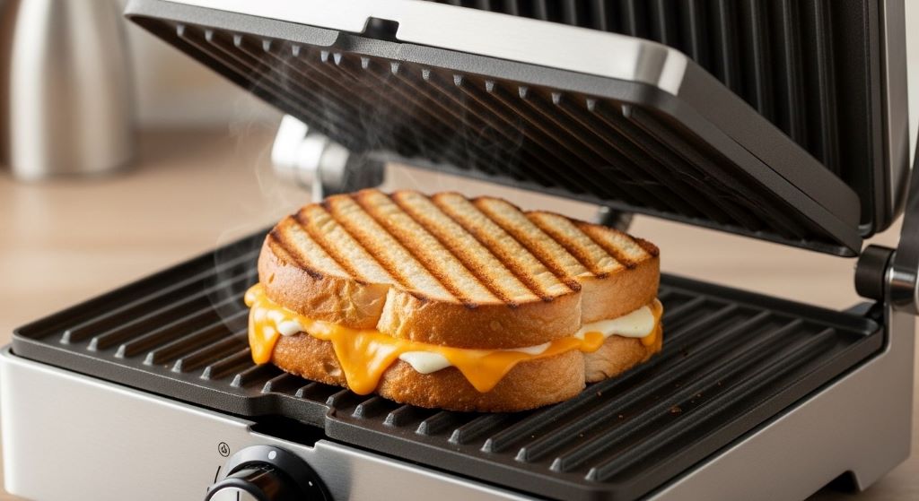 Contact grill with open lid showing perfectly pressed sandwich with melted cheese