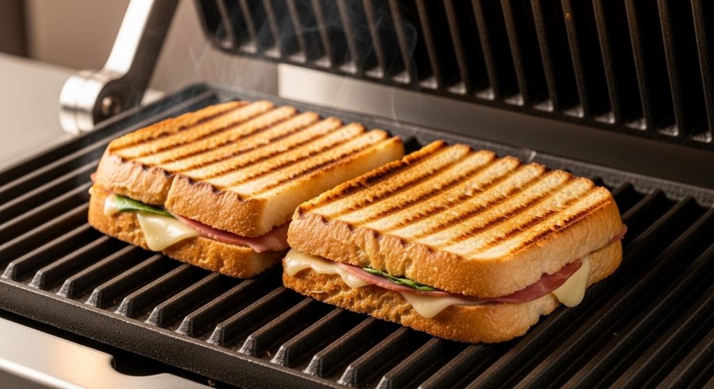 Golden-brown panini sandwich with grill marks on toasted bread sitting on contact grill