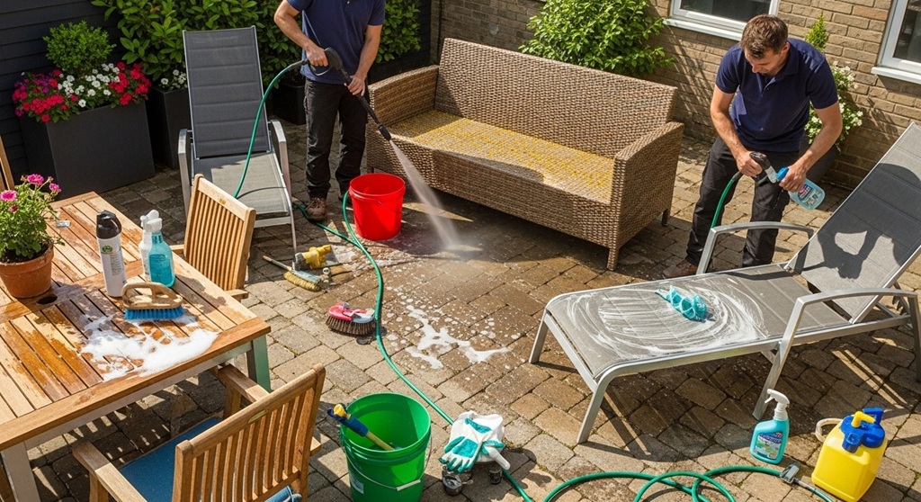 Deep cleaning outdoor patio furniture with soap and brush