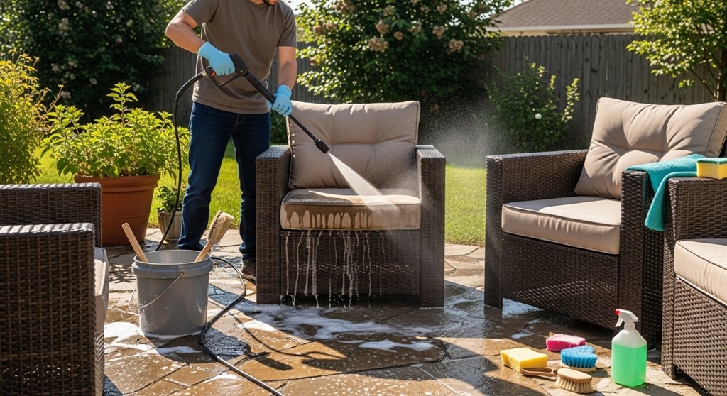 Cleaning patio furniture cushions with mild detergent