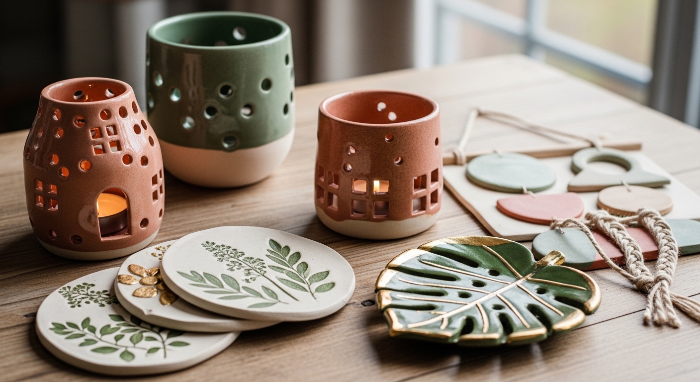 DIY air dry clay tray and candle holder styling on wooden coffee table