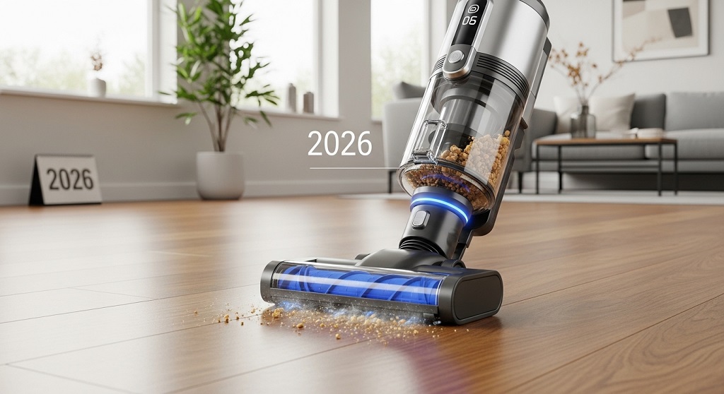 lightweight cordless vacuum removing dust from wooden flooring