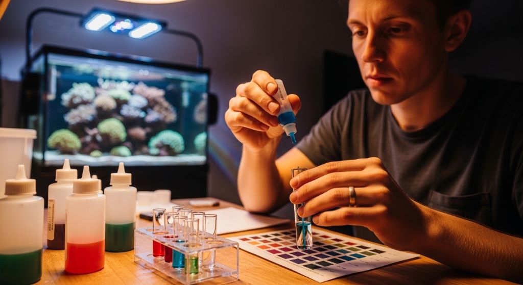 Close-up of reef tank water test results showing alkalinity and calcium levels
