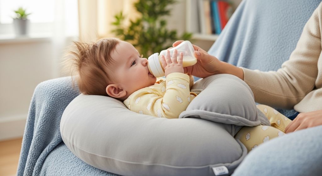 C-shaped infant feeding cushion supporting baby during feeding time