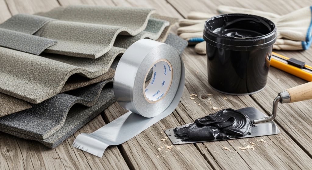 A close-up view of low-cost roofing materials including three-tab asphalt shingles, roof patching tape, and roofing cement laid out on a wooden surface for a budget repair project