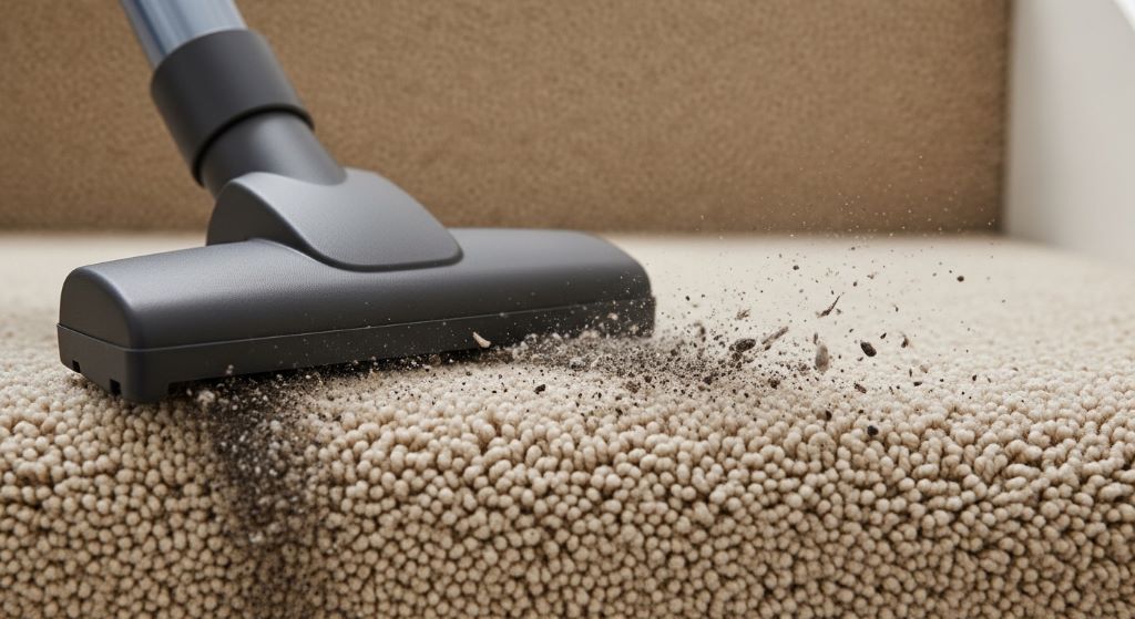 Close-up of vacuum nozzle removing dirt from stair carpet