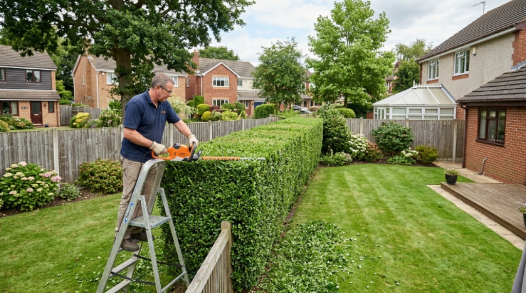 Hedge cutters trimming a neat green hedge in a suburban backyard