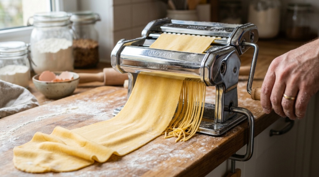 Close-up of a chrome kitchen pasta roller with spaghetti cutter attachment and freshly rolled pasta sheets