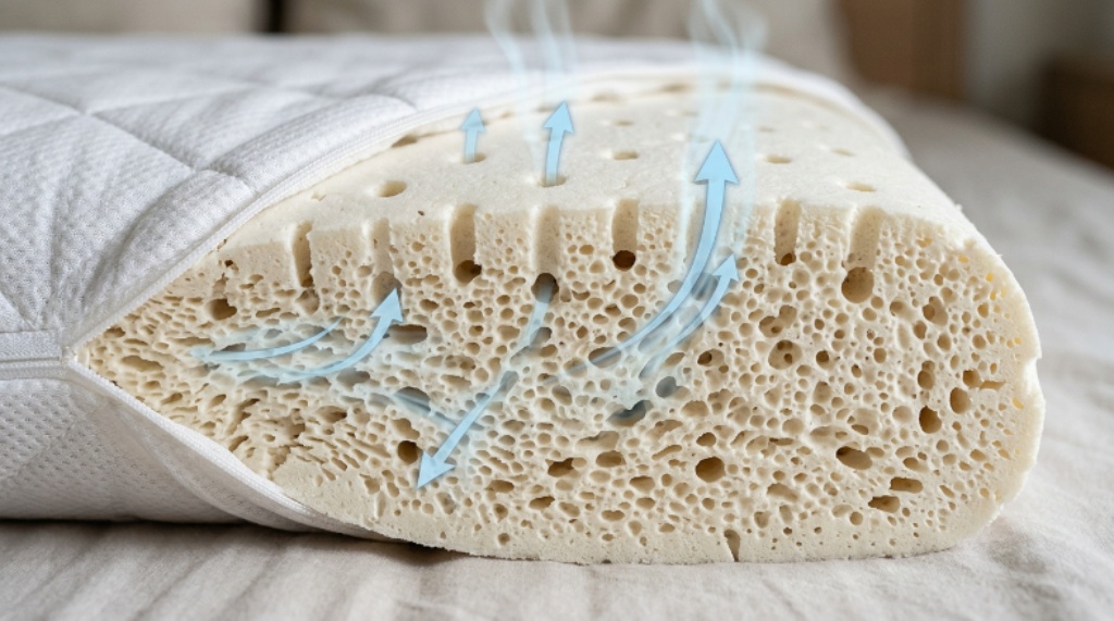 Close-up cross-section of a ventilated latex pillow highlighting the open-cell structure that allows airflow