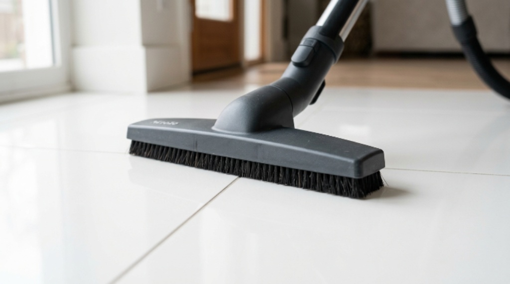 Close-up of vacuum attachment gliding over clean white tile floor without scratching surface