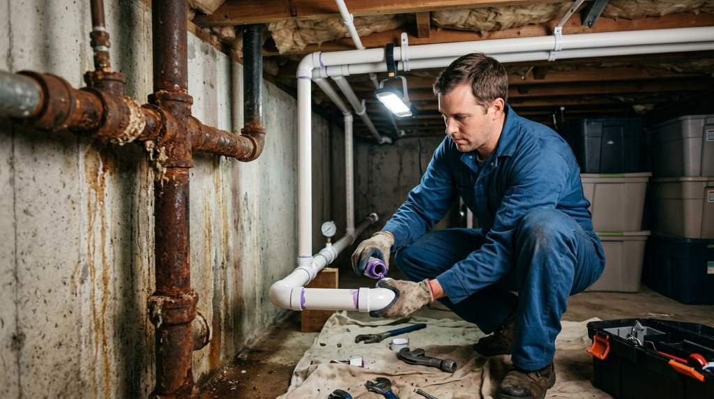 Professional plumber installing PVC pipe replacement solution in rainy Seattle residential property