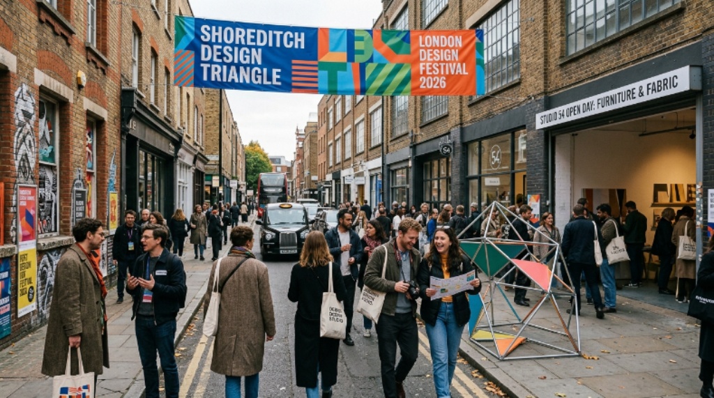 Designers and visitors exploring the Shoreditch Design Triangle during London Design Festival 2026