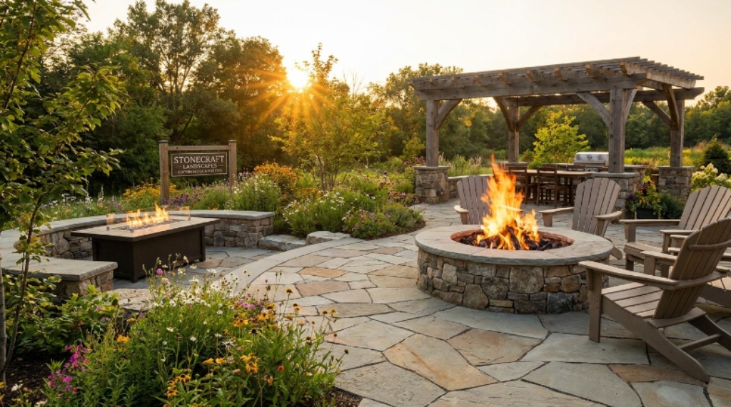 Beautiful outdoor landscape display featuring custom stone patios and fire pits