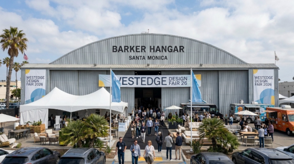 Exterior view of Barker Hangar venue in Santa Monica during the WestEdge Design Fair 2026