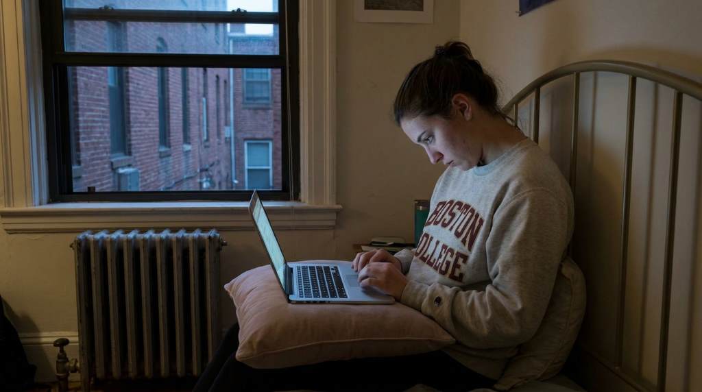 Back sleeping posture with pillow supporting knees in dorm room