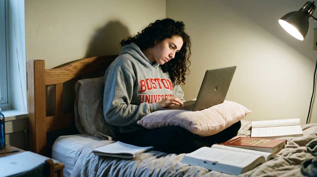 Boston college student maintaining proper posture on a dorm bed