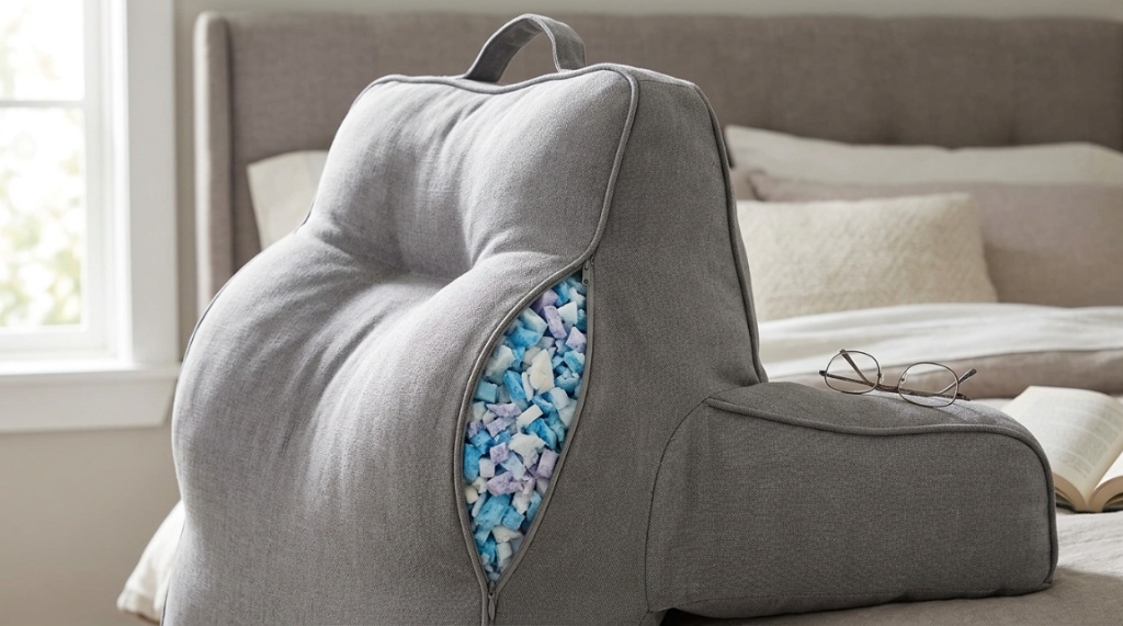 Close-up of an ergonomic reading pillow showing lumbar support.