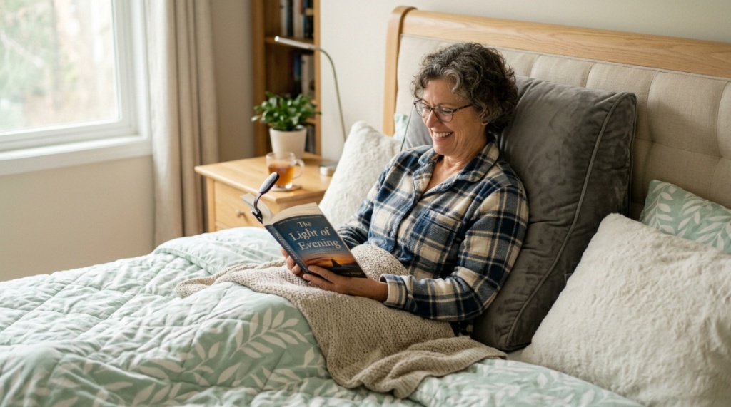 Person using a supportive reading pillow in bed for back pain relief.