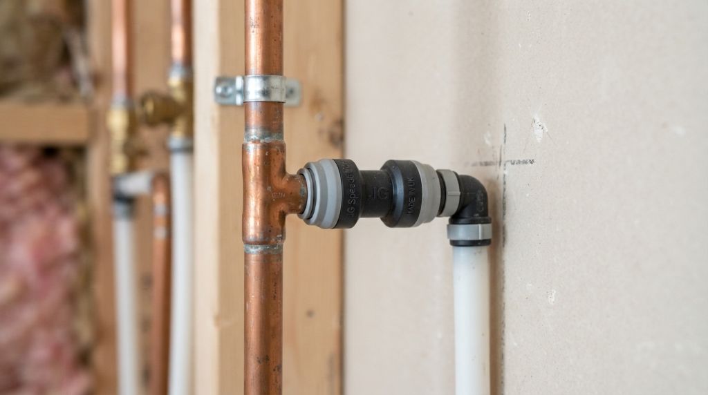 Plastic push-fit fitting connected to a copper pipe