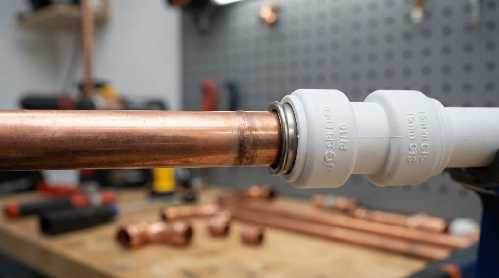 Copper pipe joined with a plastic push-fit fitting