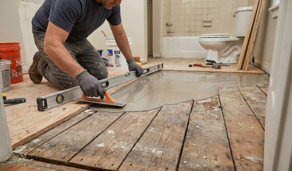 Sloping bathroom floor showing uneven subfloor levels in an Atlanta home