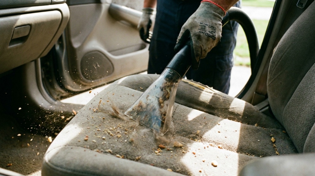 Hand using vacuum attachment to clean car seat debris