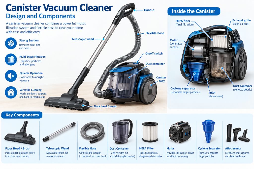 Canister vacuum cleaner design and components
