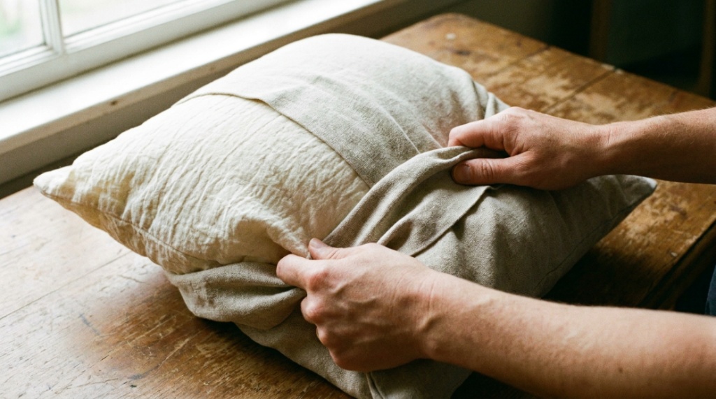 Hands sliding a plush pillow insert into a decorative cover.