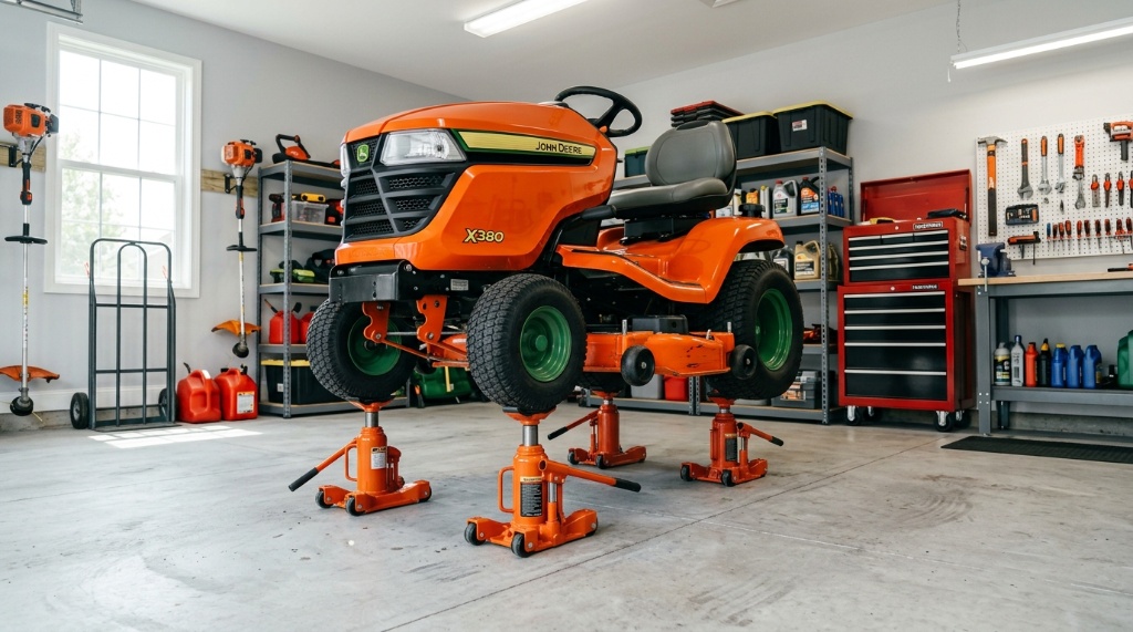 Hands placing rubber wheel chocks against tires to secure mower.