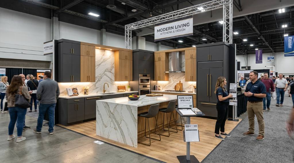 Modern kitchen display with quartz counters and cabinets at a home show