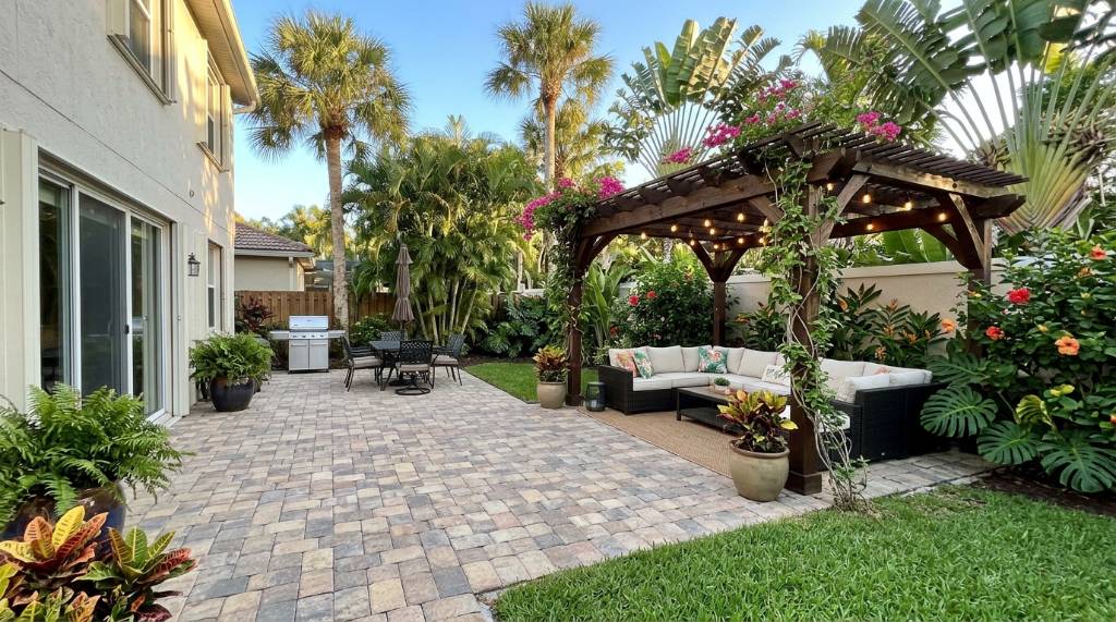 Outdoor patio with pavers and a pergola in a Florida backyard