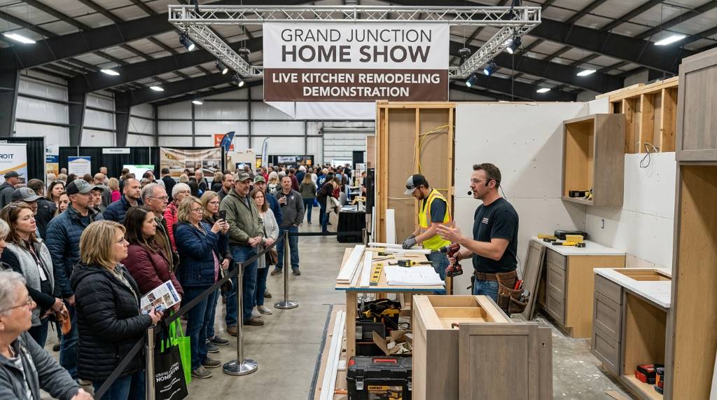 A live kitchen remodeling demonstration at the Grand Junction Home Show with homeowners watching a contractor at work