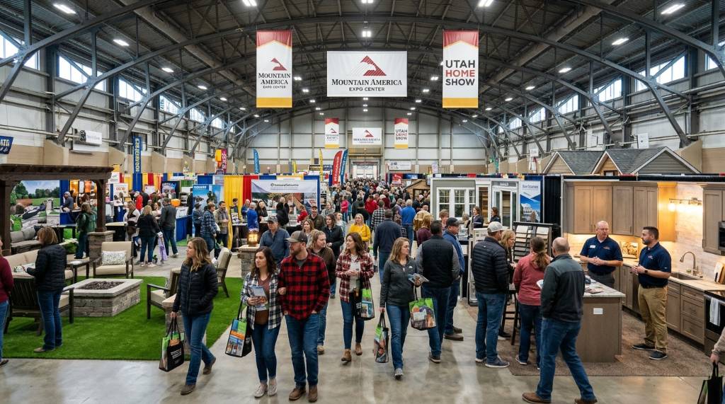 Visitors browsing home improvement booths at the Mountain America Expo Center in Sandy, Utah