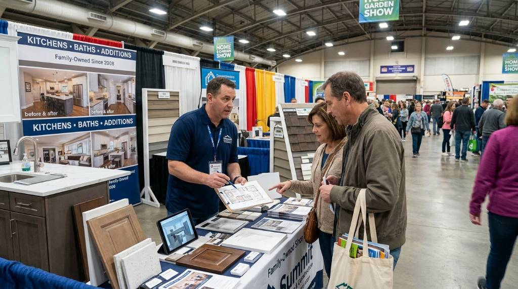 Homeowner talking with a local contractor about a remodel at an indoor home expo