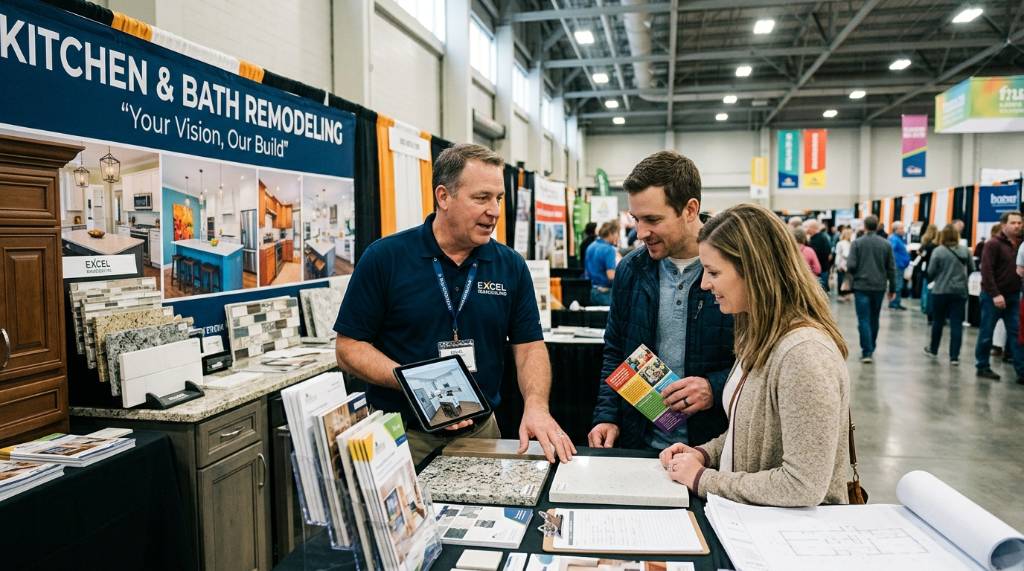 Contractor explaining remodeling options to a couple at an exhibitor booth